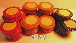 Boxed set 100 catalin bakelite poker chips with cream centers, excel. For jewelry