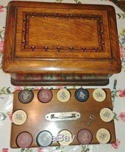 C1900 Antique Poker Chip Set Inlaid Quarter Sawn Oak Wooden Case with Key