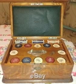 C1900 Antique Poker Chip Set Inlaid Quarter Sawn Oak Wooden Case with Key