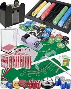 Casino Set Shuffler + Card Shoe + 360pcs Chips + Double-Sided Felt + 8xDeck