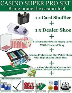 Casino Super Pro Set Shuffler+Card Shoe+300 Clay Chips+Chips Tray+Double