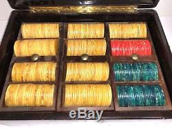Catalin Bakelite Poker Chip Set Leather Case Red Blueish Green Yellow 300 Pcs