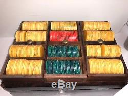 Catalin Bakelite Poker Chip Set Leather Case Red Blueish Green Yellow 300 Pcs