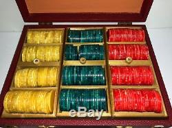 Catalin Bakelite Poker Chip Set in Case Red Blueish Green & Yellow 300 Pieces
