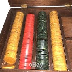 Catalin Bakelite Poker Chips Set Antique Case Red Blueish Green Yellow 289 pcs