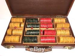 Catalin Bakelite Poker Chips Set in Case Red Blueish Green Yellow 400 Piece Set