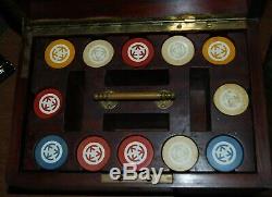 Fantastic antique poker set beautiful wood/brass case loaded with poker chips