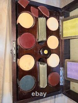 Fine Vintage Poker Chip Set Clay Antique Wood Box Durations Cards & Caddy