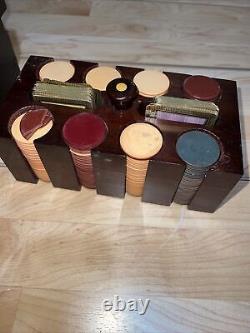 Fine Vintage Poker Chip Set Clay Antique Wood Box Durations Cards & Caddy