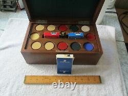 Fine Vintage Poker Chip Set Clay/ Bakelite Inlaid Walnut Box with Caddy-EXC