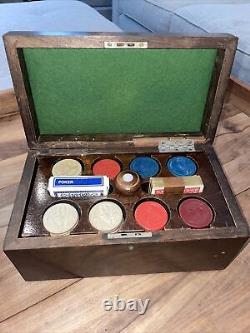 Fine Vintage Poker Chip Set Clay/ Bakelite Inlaid Walnut Box with Caddy-EXC