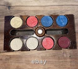 Fine Vintage Poker Chip Set Clay/ Bakelite Inlaid Walnut Box with Caddy-EXC