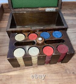 Fine Vintage Poker Chip Set Clay/ Bakelite Inlaid Walnut Box with Caddy-EXC