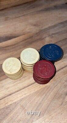 Fine Vintage Poker Chip Set Clay/ Bakelite Inlaid Walnut Box with Caddy-EXC