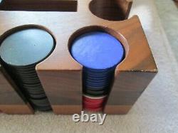 Fine Vintage Poker Chip Set Clay/ Bakelite Inlaid Walnut Box with Caddy-EXC