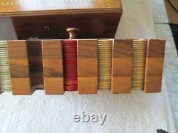 Fine Vintage Poker Chip Set Clay/ Bakelite Inlaid Walnut Box with Caddy-EXC