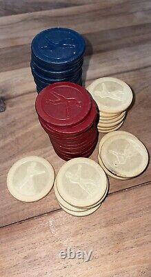 Fine Vintage Poker Chip Set Clay/ Bakelite Inlaid Walnut Box with Caddy-EXC