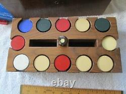 Fine Vintage Poker Chip Set Clay/ Bakelite Inlaid Walnut Box with Caddy-EXC