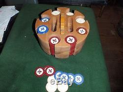 Fleur di lis Poker chip set Inlay 1900 in Wood Caddy 200 chips Missouri