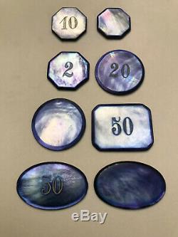 Great French Mother Of Pearl Casino Chips Set Of (8) Eight In Nice Blue Color