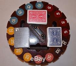 Great Vintage Poker Set & Carrying Case Chips and Cards Storage Real Wood
