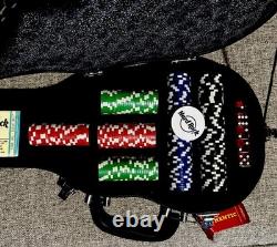 Hard Rock Cafe Guitar Case Poker Set Faux Leather 2 Decks Cards, Chips, 5 Dice