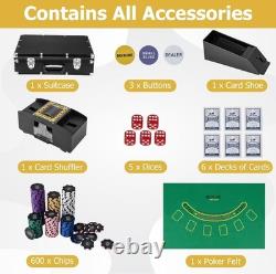 High-Quality 600 PCS Clay Poker Chips Set with Automatic Shuffler and Dices