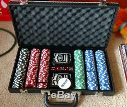 Jack Daniels rare 300 poker chip silver text set with cards case and dice