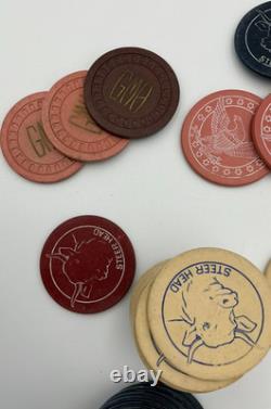 Lot of Vintage Poker Chips Steer Head. Indian Chief, Eagle, and custom monogram
