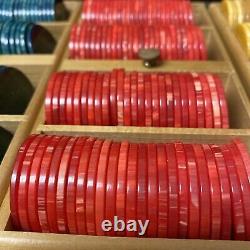 Marbled Bakelite Catalin Poker Chips Multi-color Set 396 Pieces W Boxed Caddy