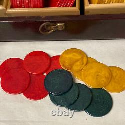 Marbled Bakelite Catalin Poker Chips Multi-color Set 396 Pieces W Boxed Caddy