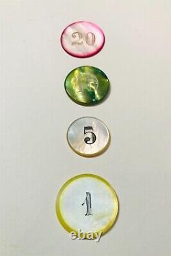 Mother Of Pearl Casino Chip Set (4) In Circular Sizes & Color $1-5-10 & 20