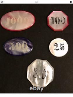Mother Of Pearl Casino Chips Great Set Of Five (5) Chips All Diferents Sizes