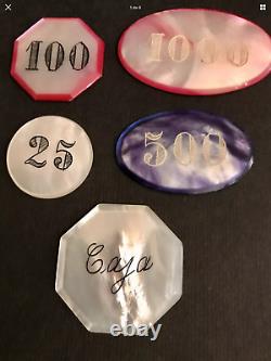 Mother Of Pearl Casino Chips Great Set Of Five (5) Chips All Diferents Sizes