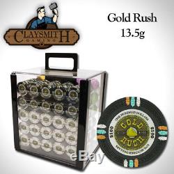 NEW 1000 PC Gold Rush 13.5 Clay Gram Poker Chips Acrylic Carrier Set Pick Chips
