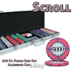 NEW 500 Piece Scroll Ceramic 10 Gram Denomination Poker Chips Set Aluminum Case
