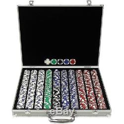 New 1,000 Piece Texas Hold'em Poker Chip Set Aluminum Case Black Felt lined