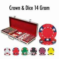 New 500 Crown & Dice 14g Clay Poker Chips Set Black Aluminum Case Pick Chips