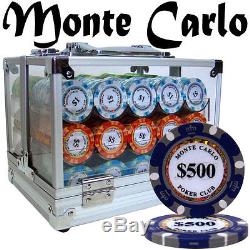 New 600 Monte Carlo 14g Clay Poker Chips Set with Acrylic Case Pick Chips