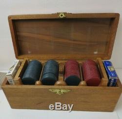 Nice Vintage Mahogany Wood Box & Trays Bakelite Poker Chips Gaming Set