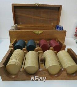 Nice Vintage Mahogany Wood Box & Trays Bakelite Poker Chips Gaming Set