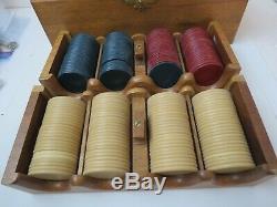 Nice Vintage Mahogany Wood Box & Trays Bakelite Poker Chips Gaming Set