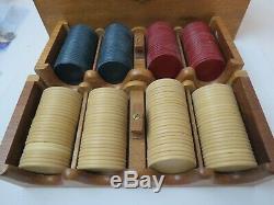 Nice Vintage Mahogany Wood Box & Trays Bakelite Poker Chips Gaming Set