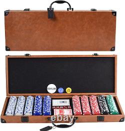 Poker Chip Set 500Pcs with Sturdy Carry Case Coved with Leather Striped Dice Chi
