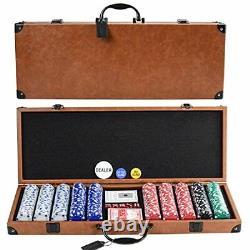 Poker Chip Set 500pcs with Sturdy Carry Case Coved with Leather Striped Dice