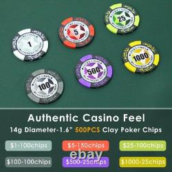 Poker Chip Set with Denominations, 500 PCS 14 Gram Clay Composite Casino Chip