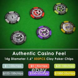 Poker Chip Set with Denominations, 500 PCS 14 Gram Clay Composite Casino Chips w