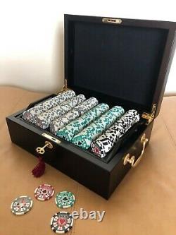 Poker Chips Set In Locked Wooden Box With Side Handles And Removable Tray