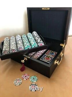 Poker Chips Set In Locked Wooden Box With Side Handles And Removable Tray