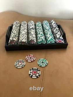 Poker Chips Set In Locked Wooden Box With Side Handles And Removable Tray